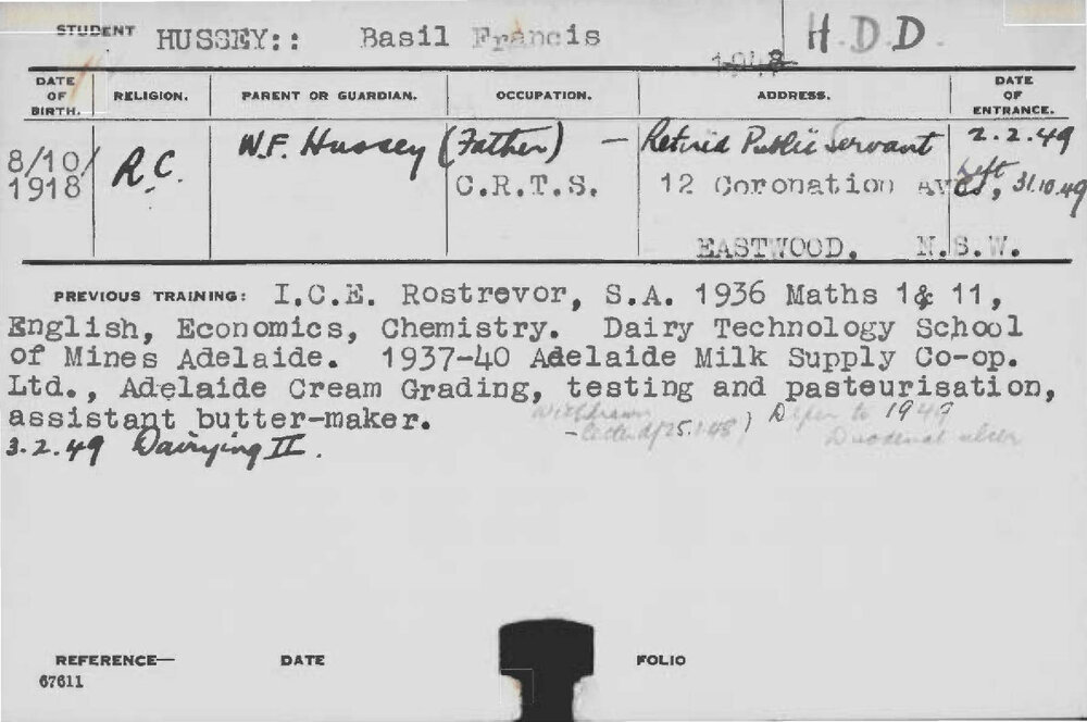 HUSSEY, Basil Francis (Hawkesbury Diploma in Dairy (HDD))