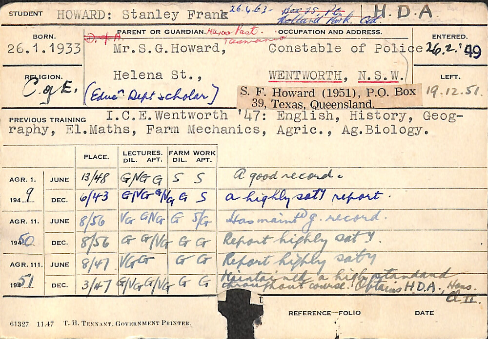 HOWARD, Stanley Frank (Hawkesbury Diploma of Agriculture (HDA))