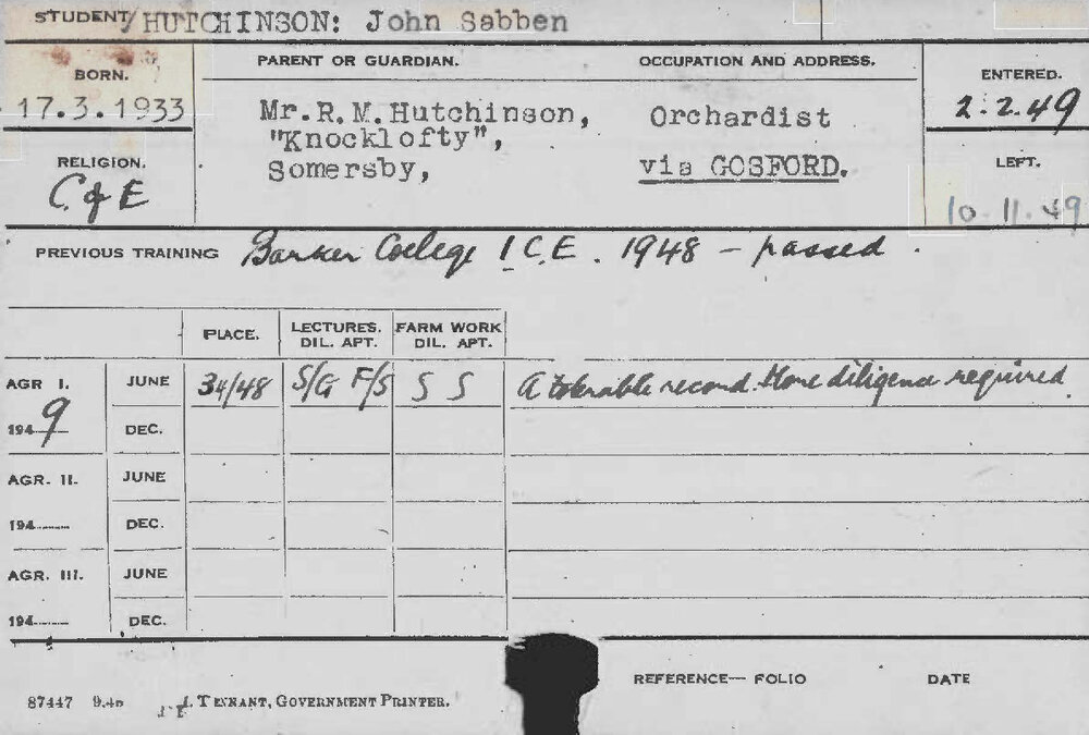 HUTCHINSON, John Sabben (Course Not Identified)