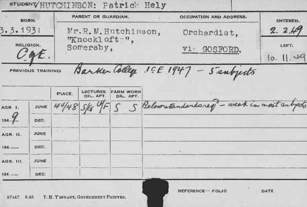 HUTCHINSON, Patrick Hely (Course Not Identified)