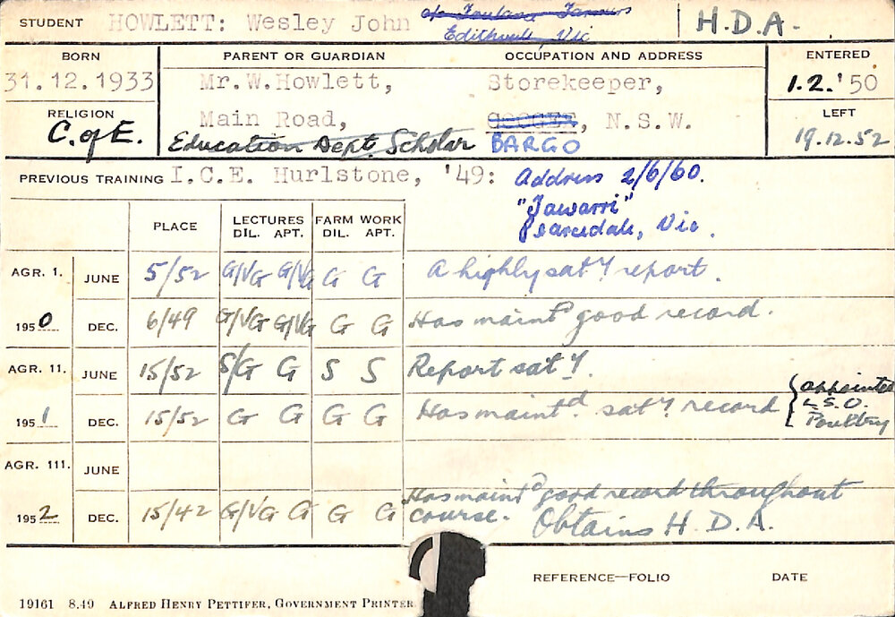 HOWLETT, Wesley John (Hawkesbury Diploma of Agriculture (HDA))