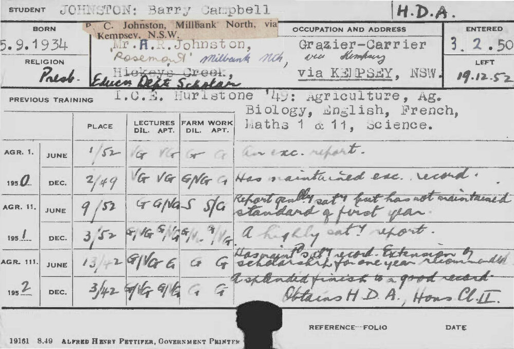 JOHNSTON, Barry Campbell (Hawkesbury Diploma of Agriculture (HDA))