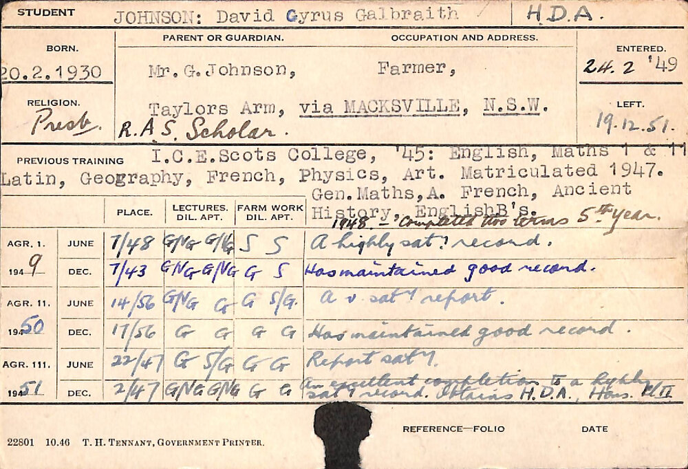 JOHNSON, David Cyrus Galbraith (Hawkesbury Diploma of Agriculture (HDA))