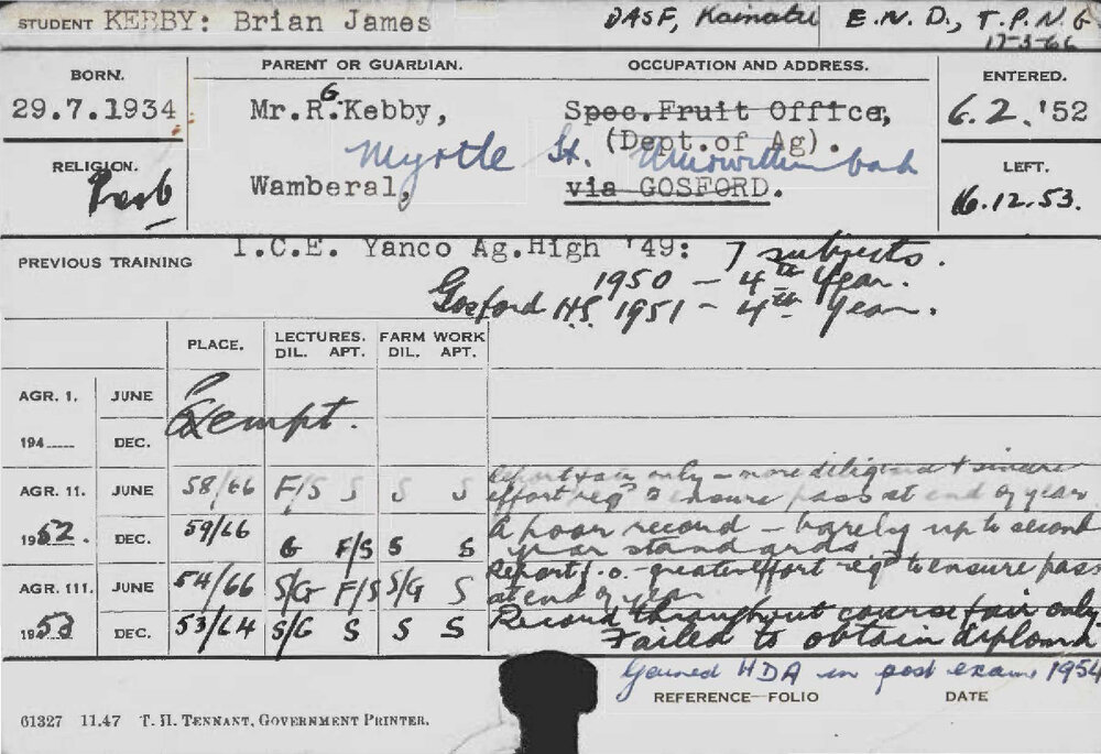 KEBBY, Brian James (Hawkesbury Diploma of Agriculture (HDA))