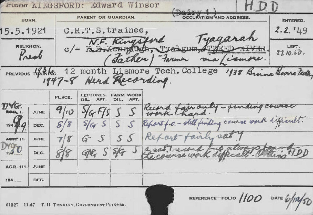 KINGSFORD, Edward Windsor (Hawkesbury Diploma in Dairy (HDD))