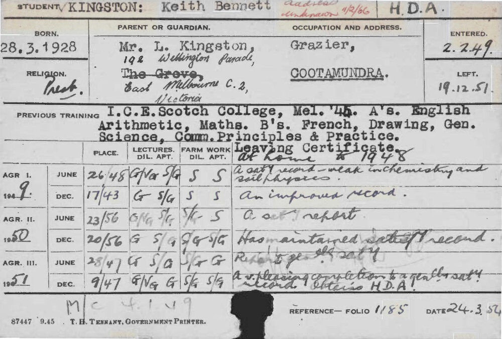 KINGSTON, Keith Bennett (Hawkesbury Diploma of Agriculture (HDA))