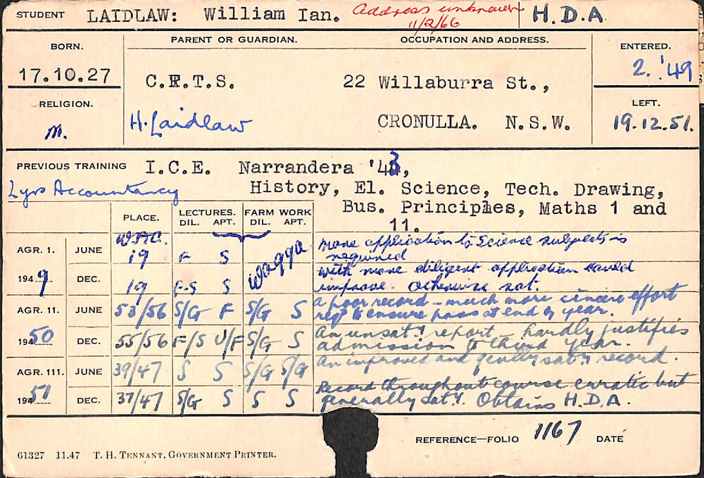 LAIDLAW, William Ian (Hawkesbury Diploma of Agriculture (HDA))