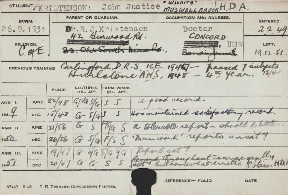 KRISTENSON, John Justice (Hawkesbury Diploma of Agriculture (HDA))
