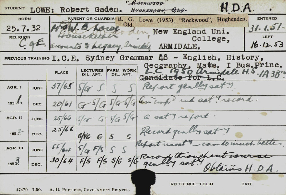 LOWE, Robert (Hawkesbury Diploma of Agriculture (HDA))