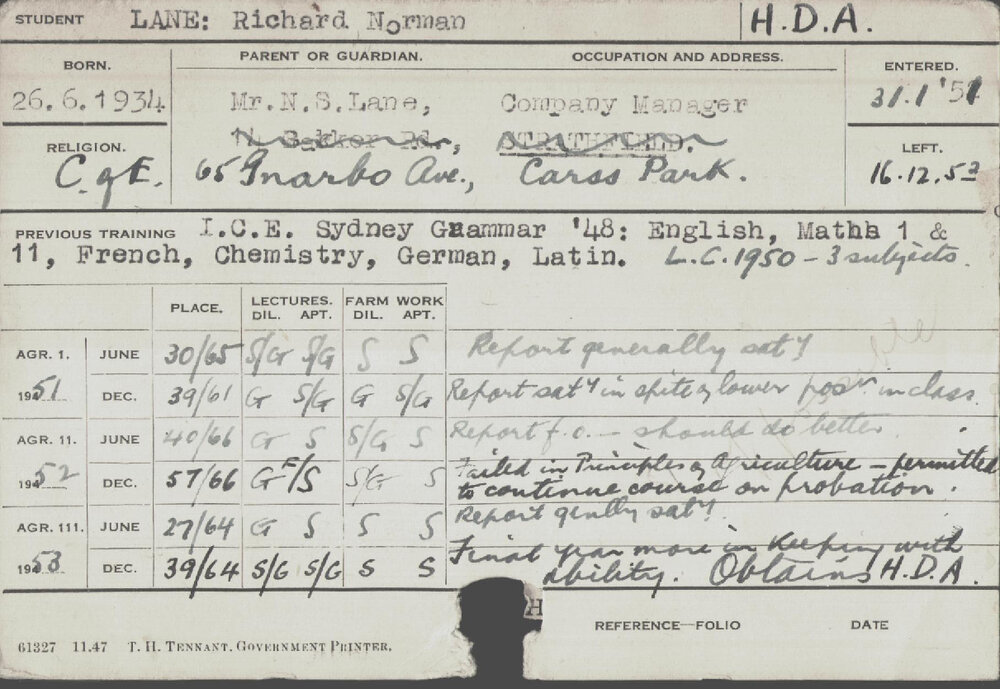 LANE, Richard Norman (Hawkesbury Diploma of Agriculture (HDA))