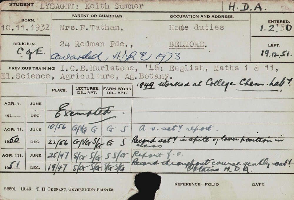 LYSAGHT, Keith Sumner (Hawkesbury Diploma of Agriculture (HDA))