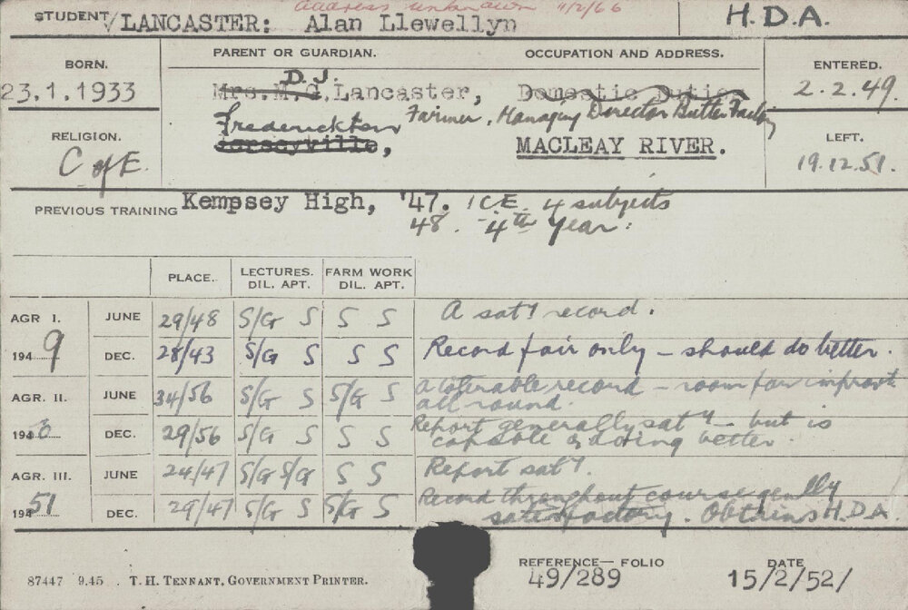 LANCASTER, Alan Llewellyn (Hawkesbury Diploma of Agriculture (HDA))