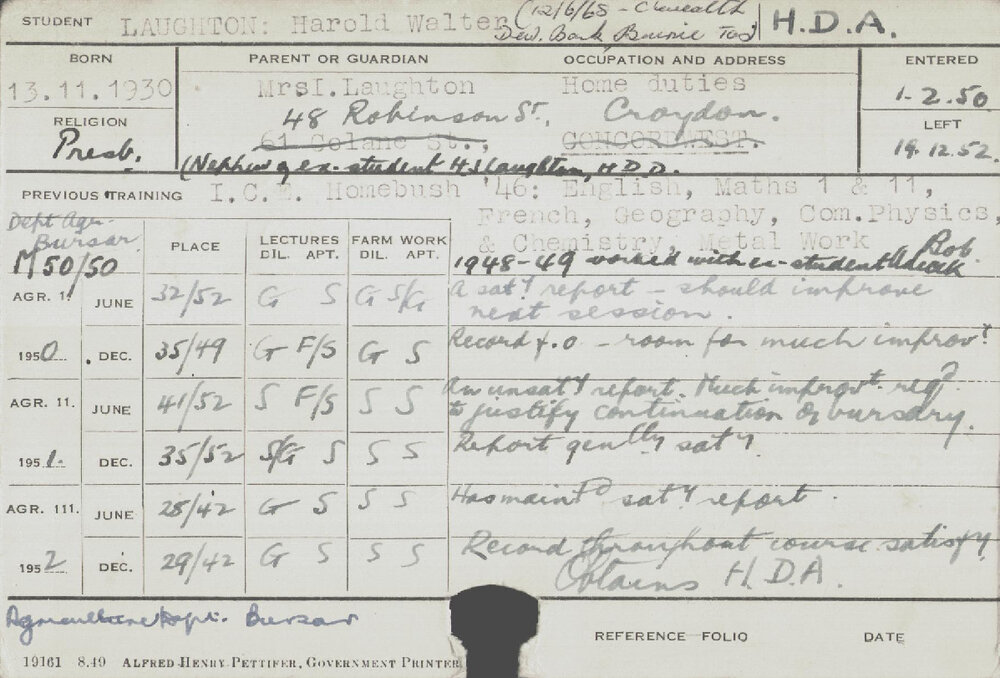 LAUGHTON, Harold Walter (Hawkesbury Diploma of Agriculture (HDA))
