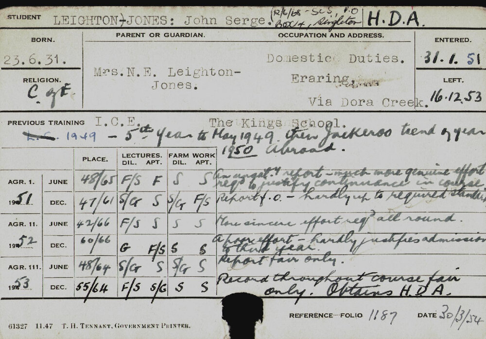 LEIGHTON-JONES, John Serge (Hawkesbury Diploma of Agriculture (HDA))