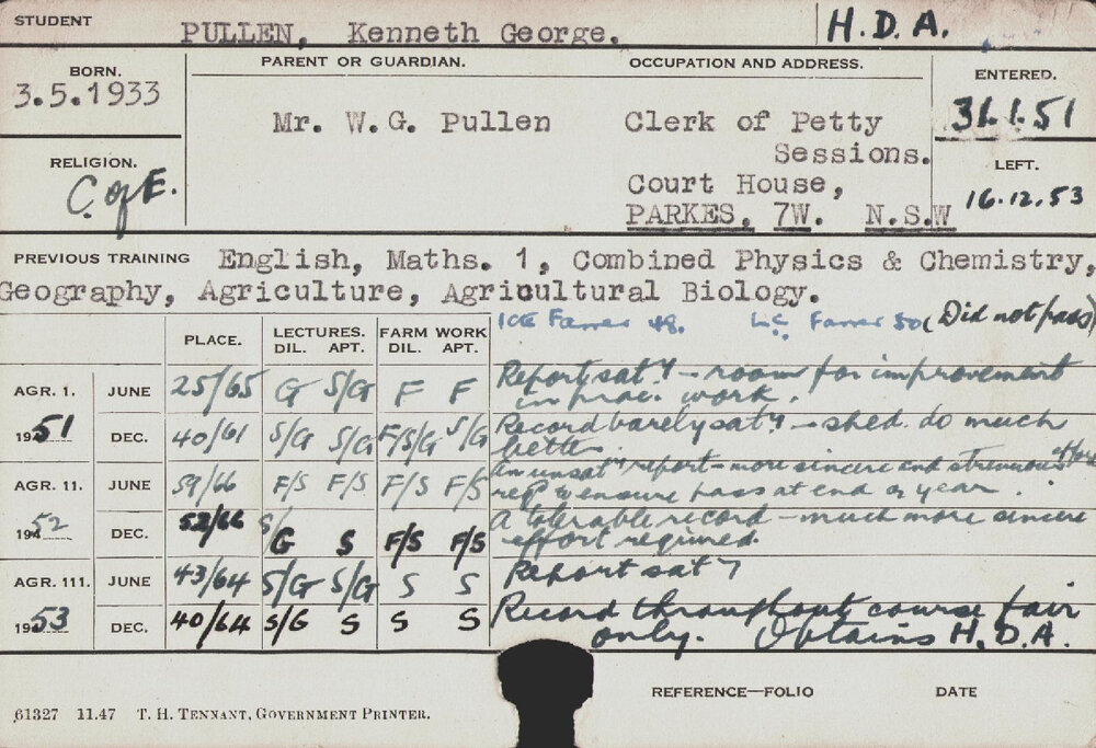 PULLEN, Kenneth George (Hawkesbury Diploma of Agriculture (HDA ...
