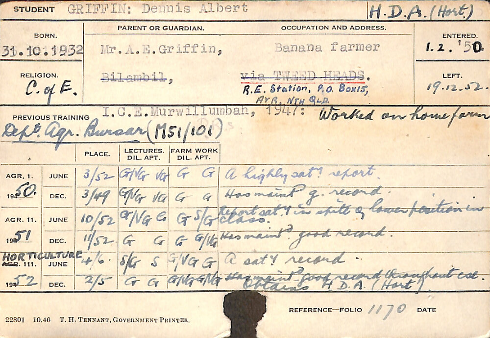 GRIFFIN, Dennis (Hawkesbury Diploma of Agriculture (HDA) (Horticulture))