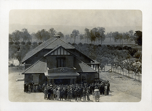 Soldiers Memorial Hall - Official Opening (Print 1 of 2) - Aerial shot with crowd [Hawkesbury Agricultural College (HAC)]