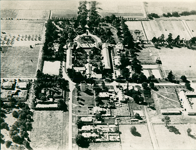 Aerial photograph - Looking over cottages and Quadrangle to NE (aerial photograph) [Hawkesbury Agricultural College (HAC)] - Print 1 of 2 - Cropped