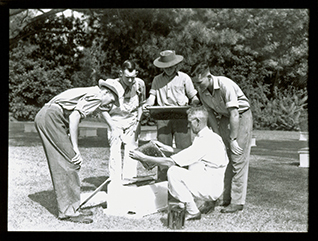 An instructor showing students honeycomb from a hive [Hawkesbury Agricultural College (HAC)]