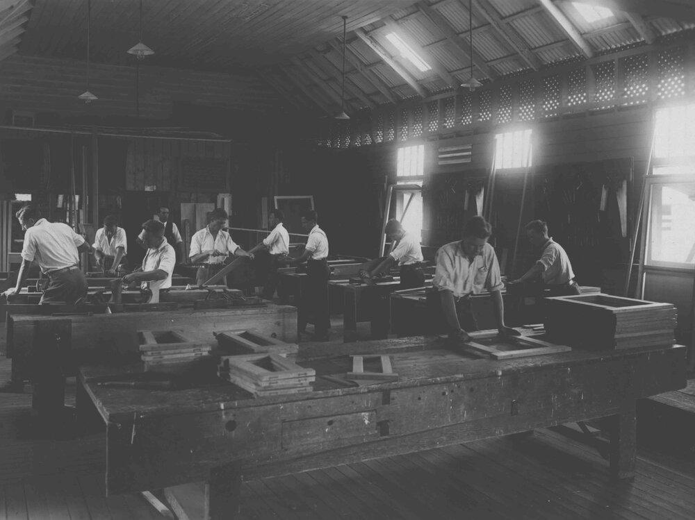 Carpenter's Shop (interior) - Students working at benches [Hawkesbury Agricultural College (HAC)]