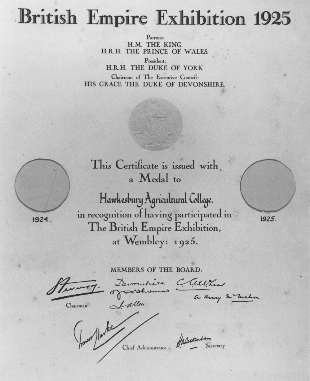British Empire Exhibition, Wembley 1925 - Certificate of participation [Hawkesbury Agricultural College (HAC)]