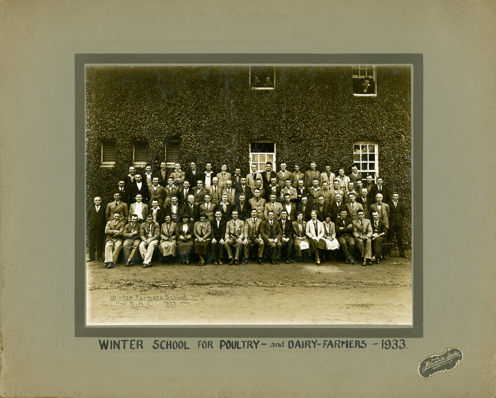 Winter School for Farmers, 1933 - group of farmers (Principal Southee seated centre front) - Winter School for Poultry and Dairy farmers [Hawkesbury Agricultural College (HAC)]