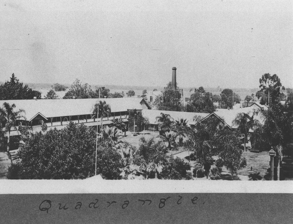 Quadrangle - from high up (Western Tower?), Powerhouse chimney in the background [Hawkesbury Agricultural College (HAC)]