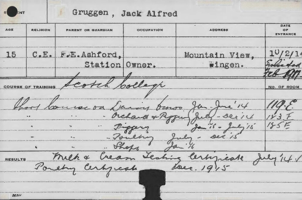 GRUGGEN, Jack Alfred (Short Courses - Orchard, Dairy, Piggery, and Poultry &amp; Shops)
