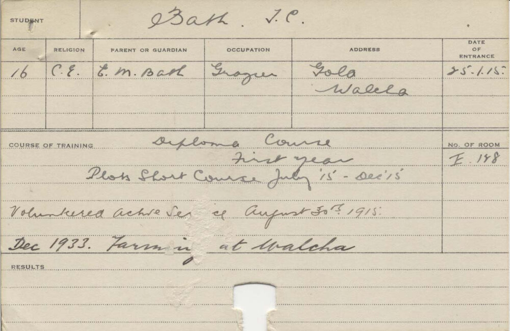 BATH, Thomas Charles (Hawkesbury Diploma of Agriculture (HDA) (First Year Certificate))