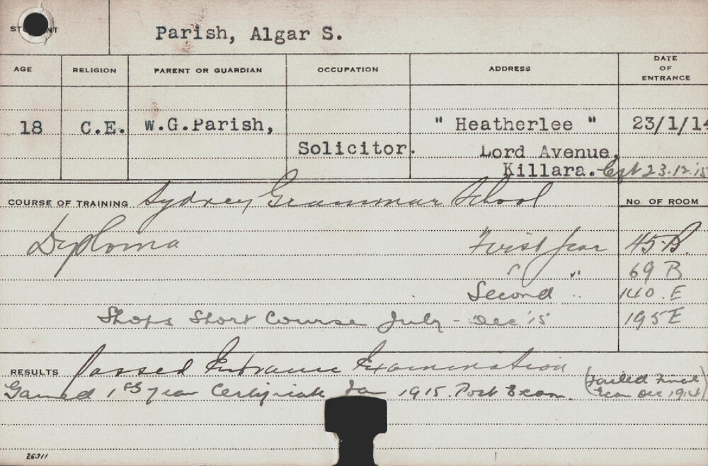 PARISH, Algar S (Hawkesbury Diploma of Agriculture (HDA)/ Short Course - Shops)