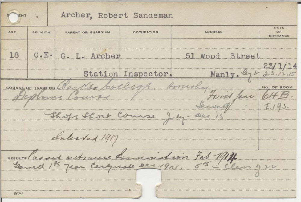 ARCHER, Robert Sandeman (First Year Certificate - Agriculture &amp; Short Course - Shops)