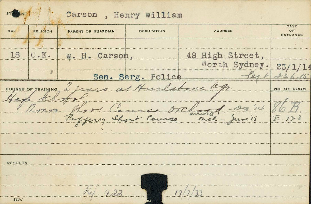 CARSON, Henry William (Short Course - Piggery &amp; Orchard)