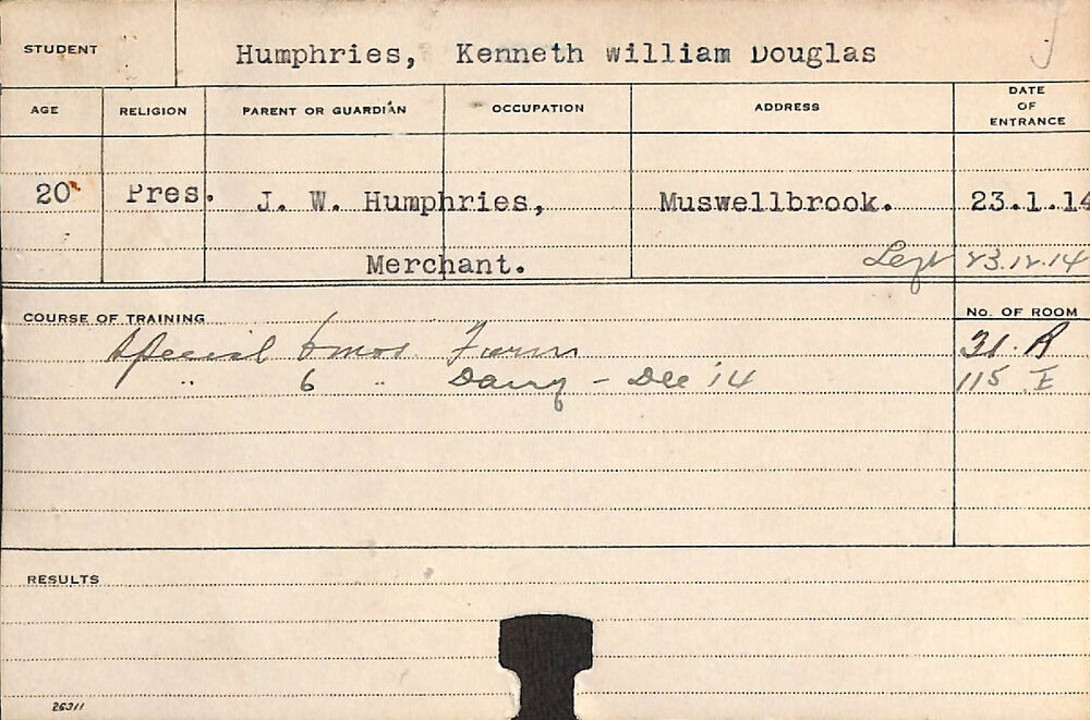 HUMPHRIES, Kenneth William Douglas (Special Course - Dairy &amp; Farm)