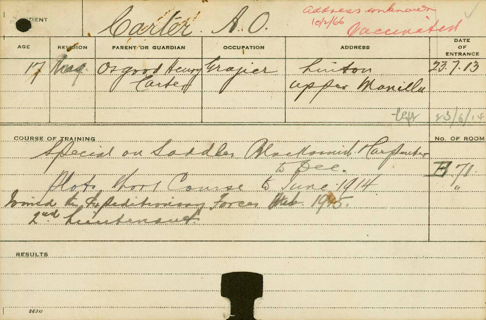 CARTER, AO (Short Course - Plot &amp; Special Course - Saddlery, Blacksmith &amp; Carpenter)