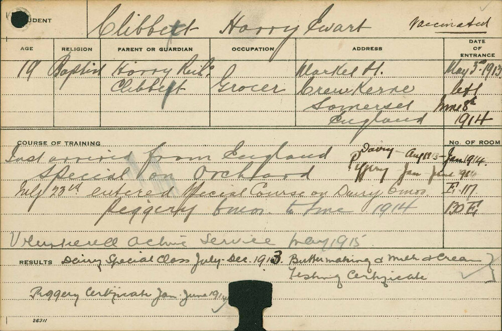 CLIBBETT, Harry Ewart (Certificate - Dairy, Piggery &amp; Buttermaking, Milk &amp; Cream testing, Special Course - Orchard)