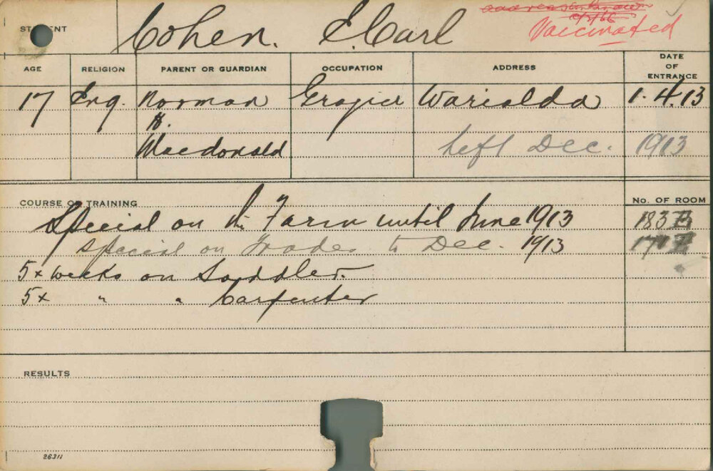 COHEN, E Carl (Special Course - Farm, Trades, Saddlery &amp; Carpenter)