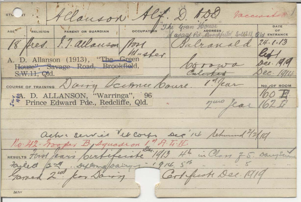 ALLANSON, Alfred D (Hawkesbury Diploma in Dairying (HDD))