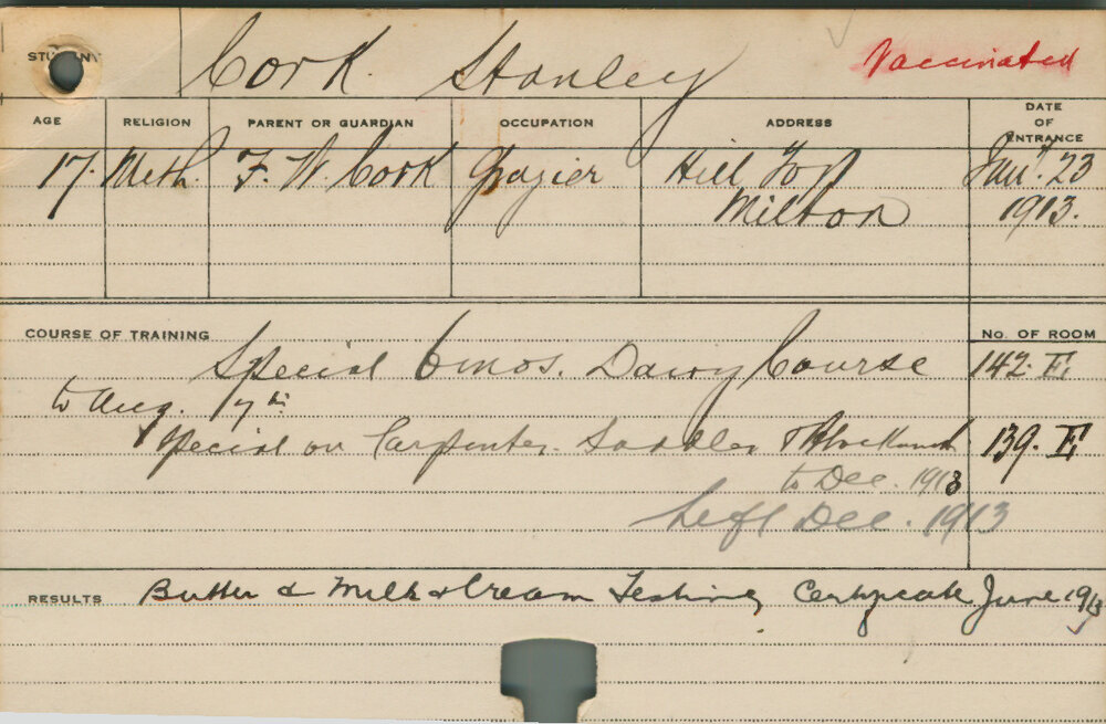 CORK, Stanley (Special Course - Dairy, Carpentry, Saddlery &amp; Blacksmith)