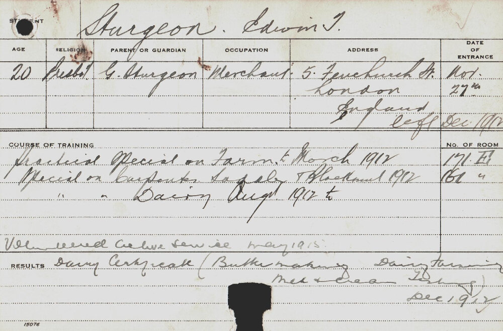 Sturgeon, Edwin T (Special Course - Farms, Carpenter, Saddler, Blacksmith &amp; Dairy)