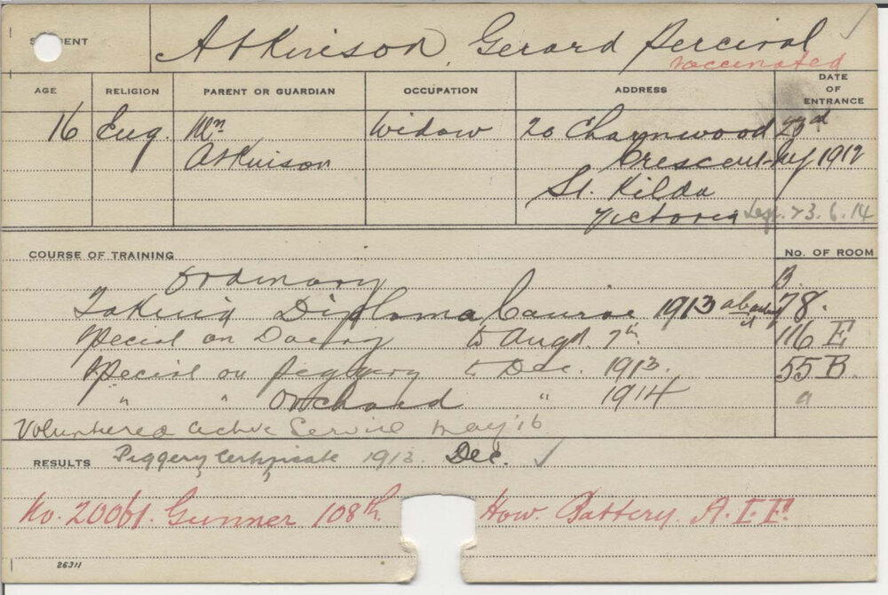 ATKINSON, Gerard Percival (Certificate - Piggery &amp; Special Course in Dairy &amp; Orchard)