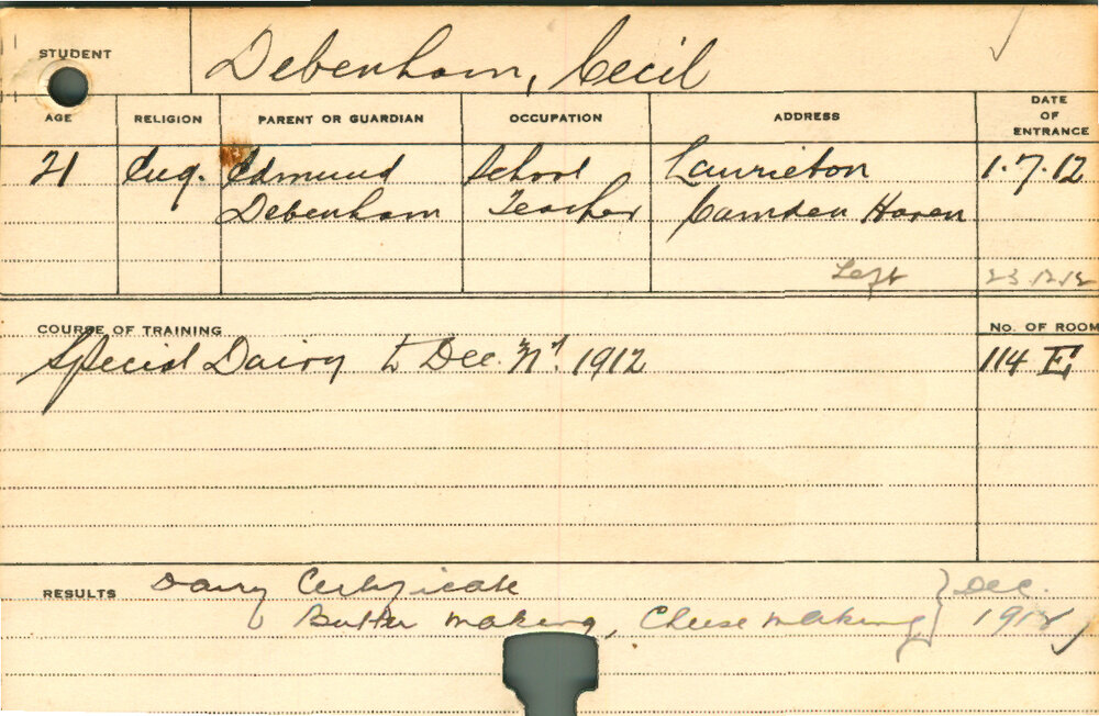 DEBENHAM, Cecil (Hawkesbury Diploma of Agriculture (HDA) - Special course - Dairy)