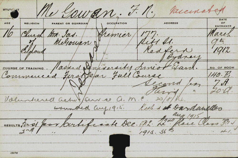 MCGOWEN, Frank Noel (Hawkesbury Diploma of Agriculture (HDA) - First Year Certificate only)