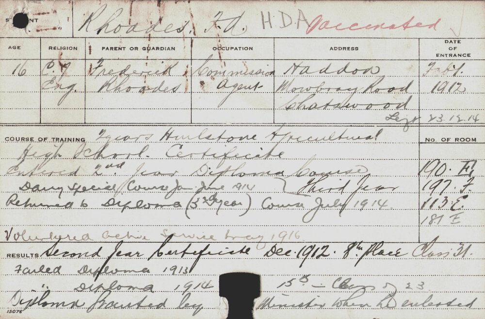 RHOADES, F Ashton (Hawkesbury Diploma of Agriculture (HDA)/ Special Course - Dairy)