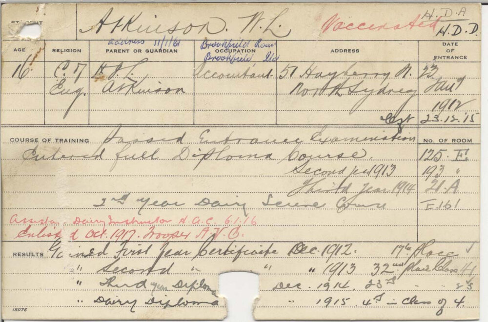 ATKINSON, W L (Hawkesbury Diploma of Agriculture (HDA) &amp; Hawkesbury Diploma in Dairying (HDD))