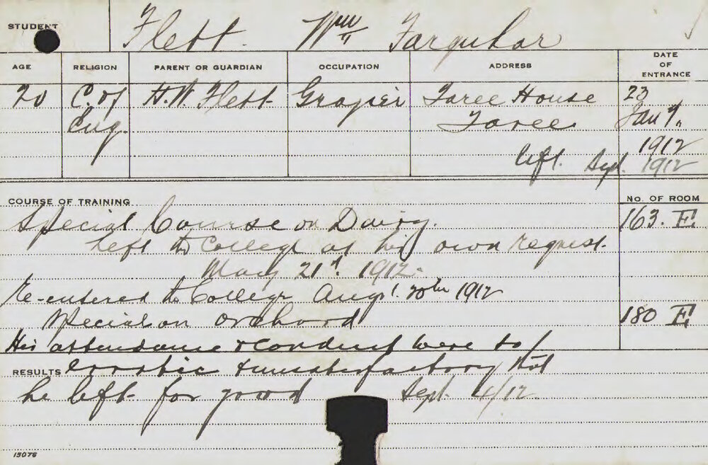 FLETT, William Farquhar (Special Course - Dairy &amp; Orchard)