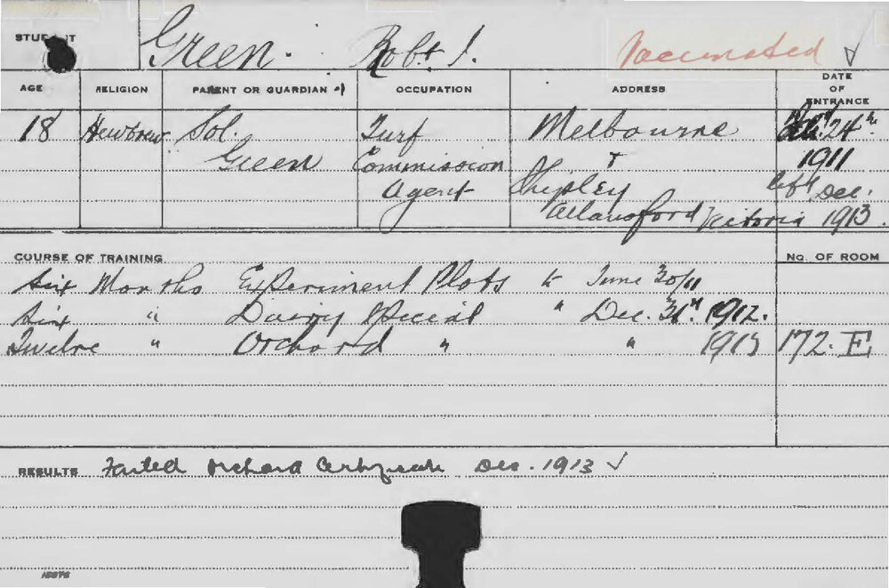 GREEN, Rob I (Special course - Dairy, Experimental Plots &amp; Orchard)