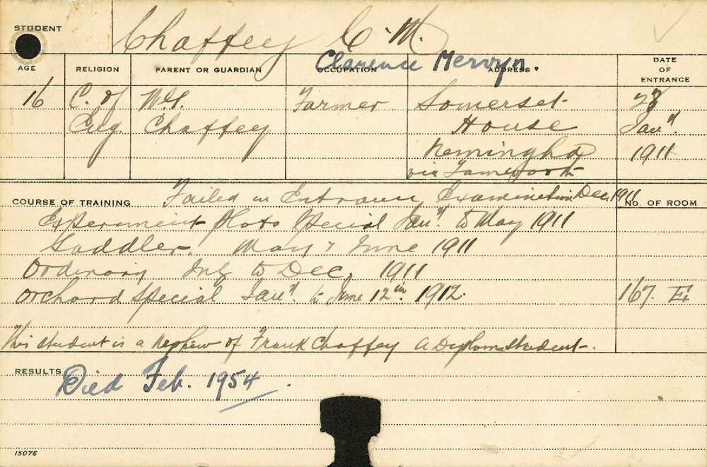 CHAFFEY, Clarence Mervyn (Special Courses - Experimental Plots, Saddlery, Orchards &amp; Ordinary)