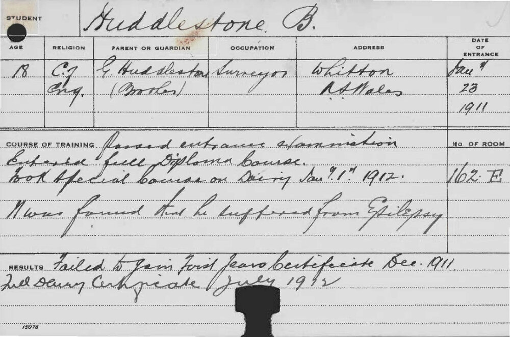 HUDDLESTONE, B (Diploma &amp; Special course on Dairy)