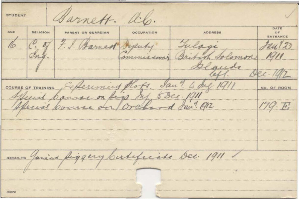 BARNETT, A C (Certificate - Piggery, Special Course - Orchard &amp; Experimental Plots)