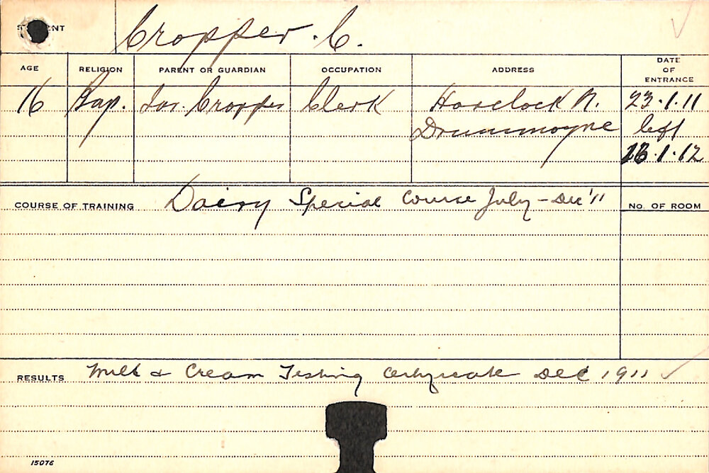 CROPPER, Charles (Certificate - Milk &amp; Cream testing, Special Course - Dairy)